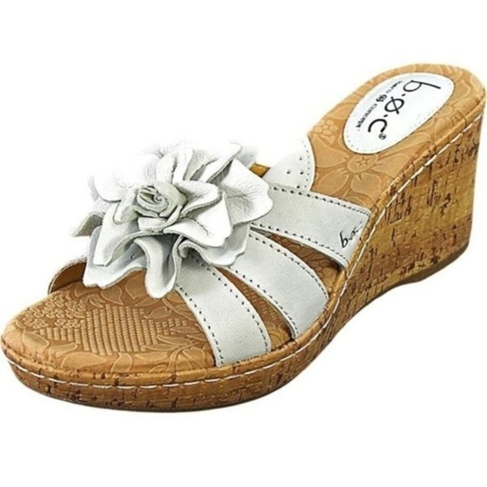 Boc White Leather Flower‎ Wedge Cork Sandals Sz 9 Thong Resort